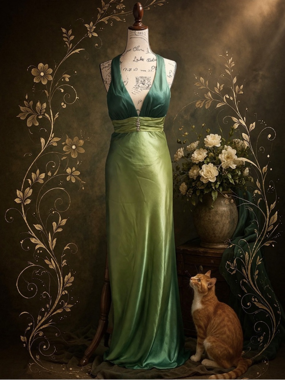 Jump apparel Green Satin Halter Evening Gown